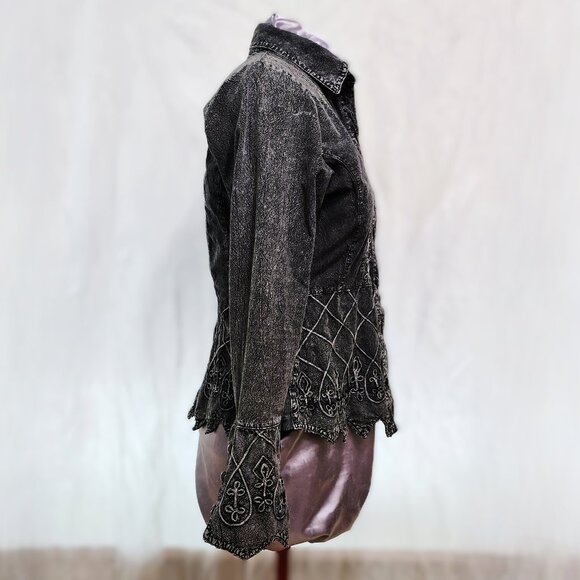 Embroidered & Flourished Denim Blouse w/Scalloped Hem & Wrists - Picture 6 of 11